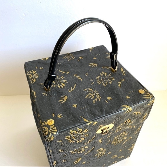 Vintage Hat Box Black & Gold Brocade Travel Bag - Picture 3 of 8